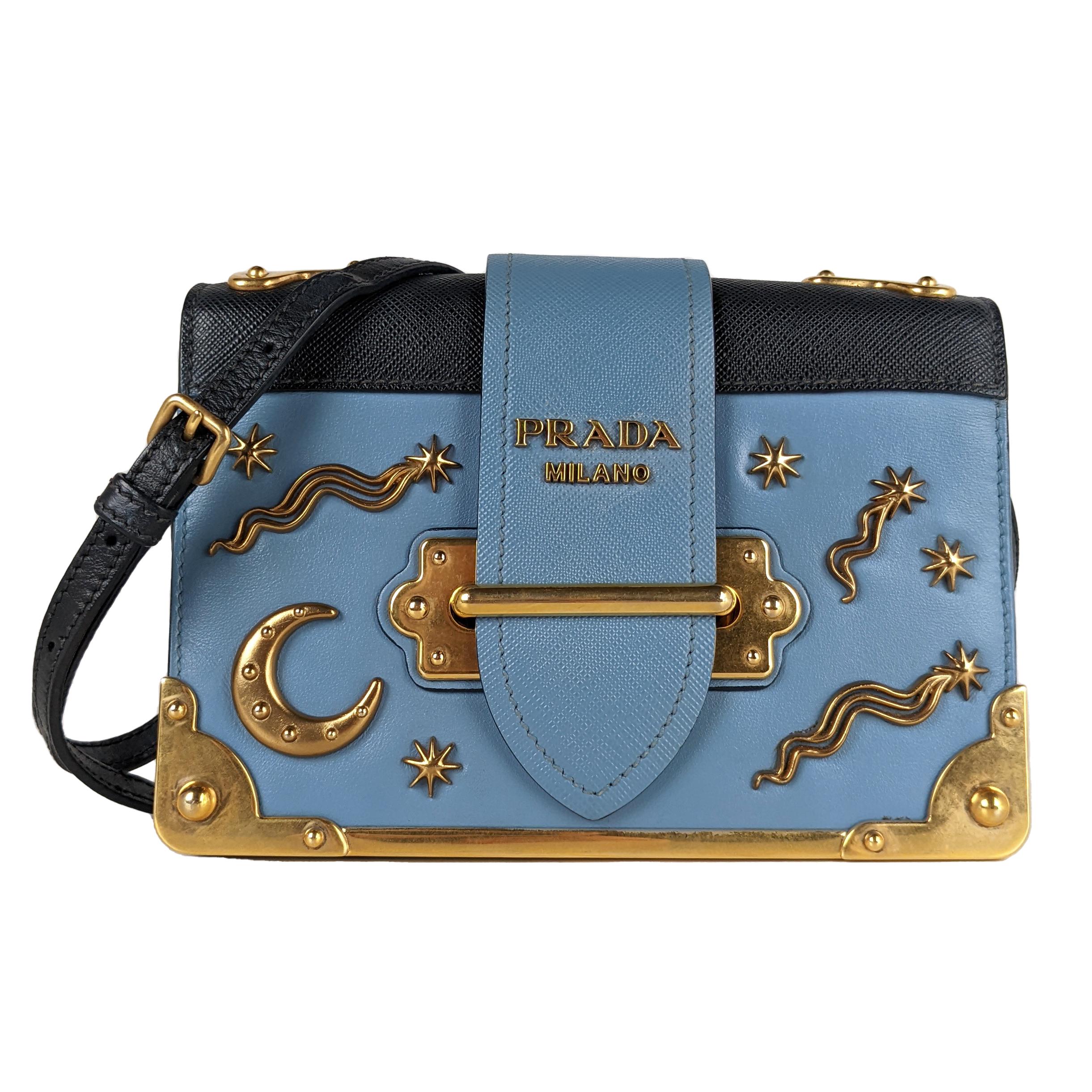 Prada Cahier Moon And Stars Celestial Astrology Blue Leather Crossbody Bag  For Sale at 1stDibs
