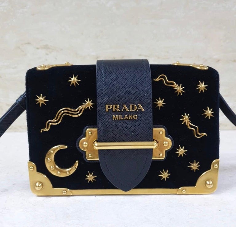 Prada Cahier Moon Stars Celestial Astrology Black and Gold Velvet Cross  Body Bag For Sale at 1stDibs | prada moon and stars bag, prada cahier  celestial bag, prada celestial bag