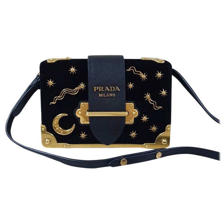 Prada Cahier Moon Stars Celestial Astrology Black and Gold Velvet Cross  Body Bag For Sale at 1stDibs