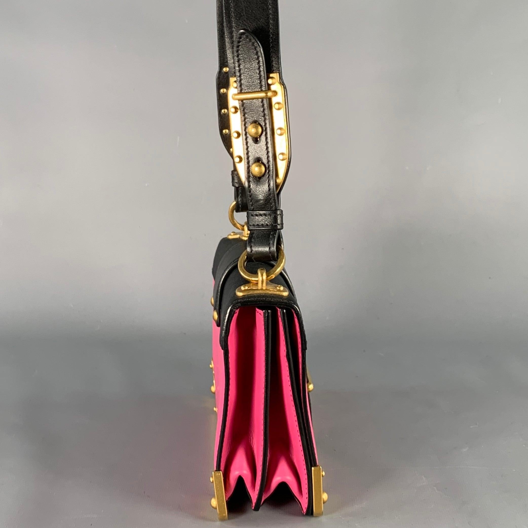 PRADA Cahier Pink Black Gold Leather Cross Body Mini Handbag In Excellent Condition For Sale In San Francisco, CA