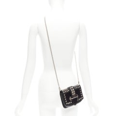 PRADA Cahier Saffiano City black calf silver studded crossbody chain belt bag