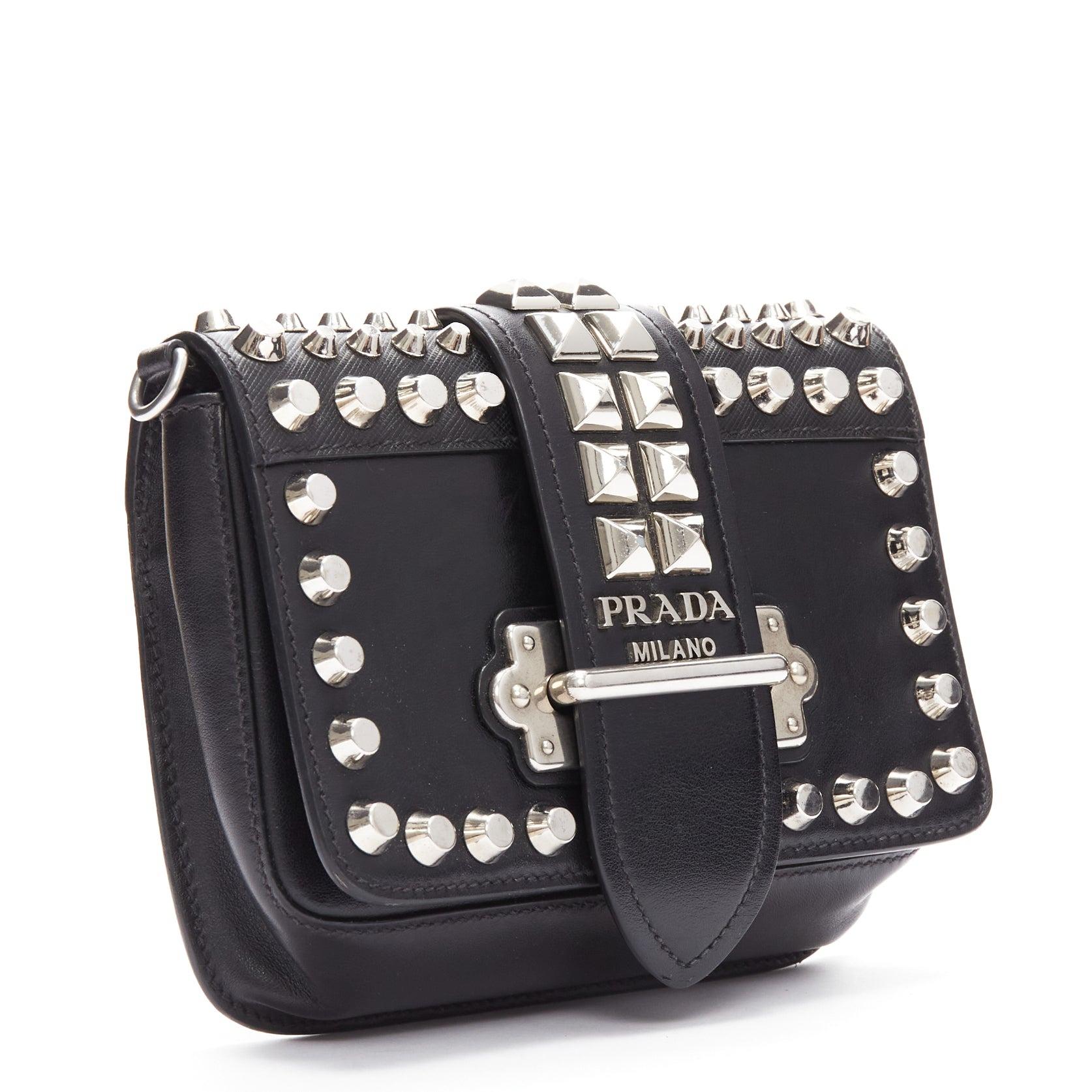 Women's PRADA Cahier Saffiano City black calf silver studded crossbody chain belt bag