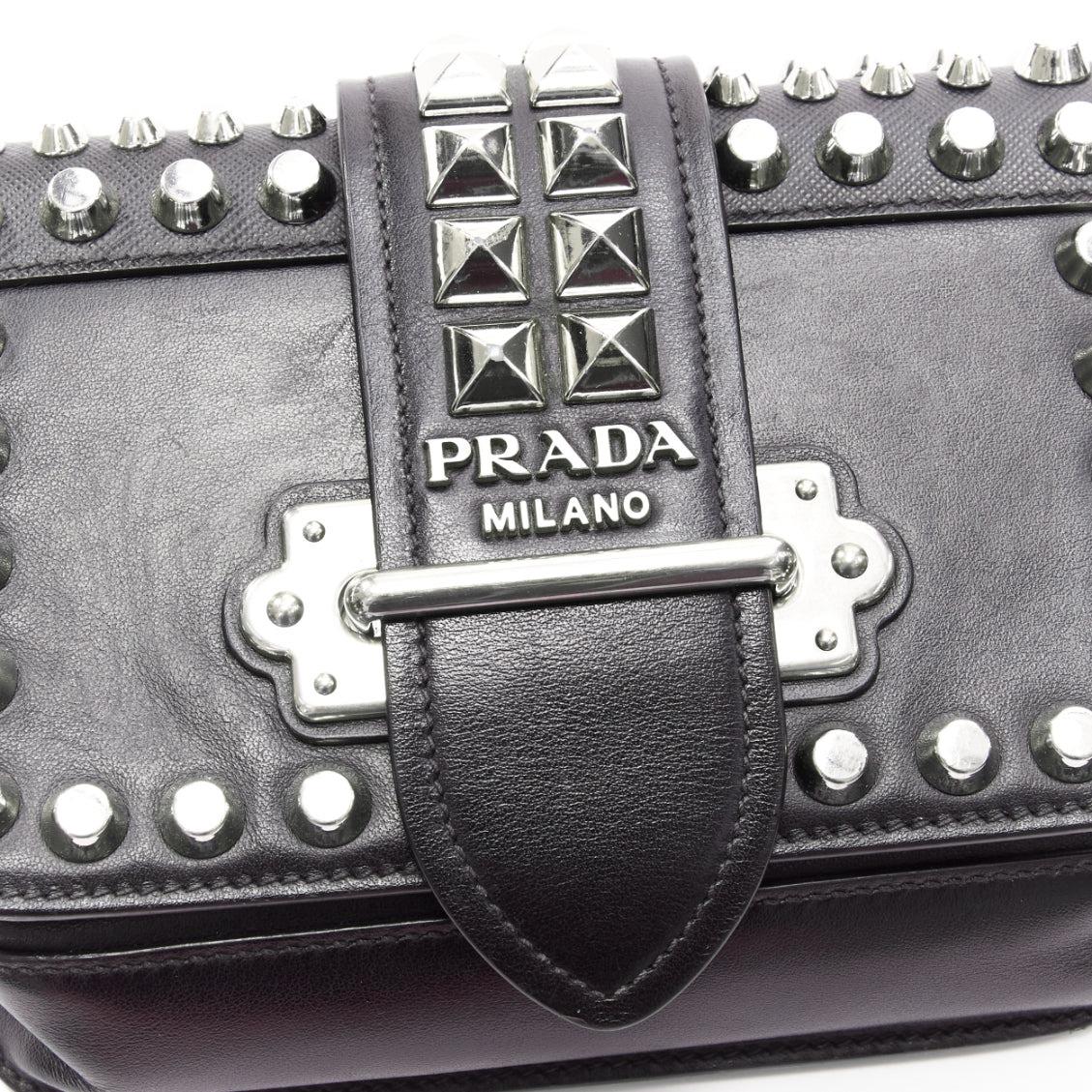 PRADA Cahier Saffiano City black calf silver studded crossbody chain belt bag 3