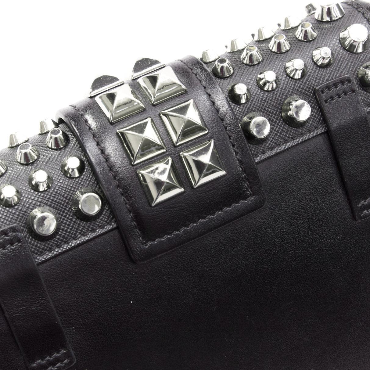 PRADA Cahier Saffiano City black calf silver studded crossbody chain belt bag 4