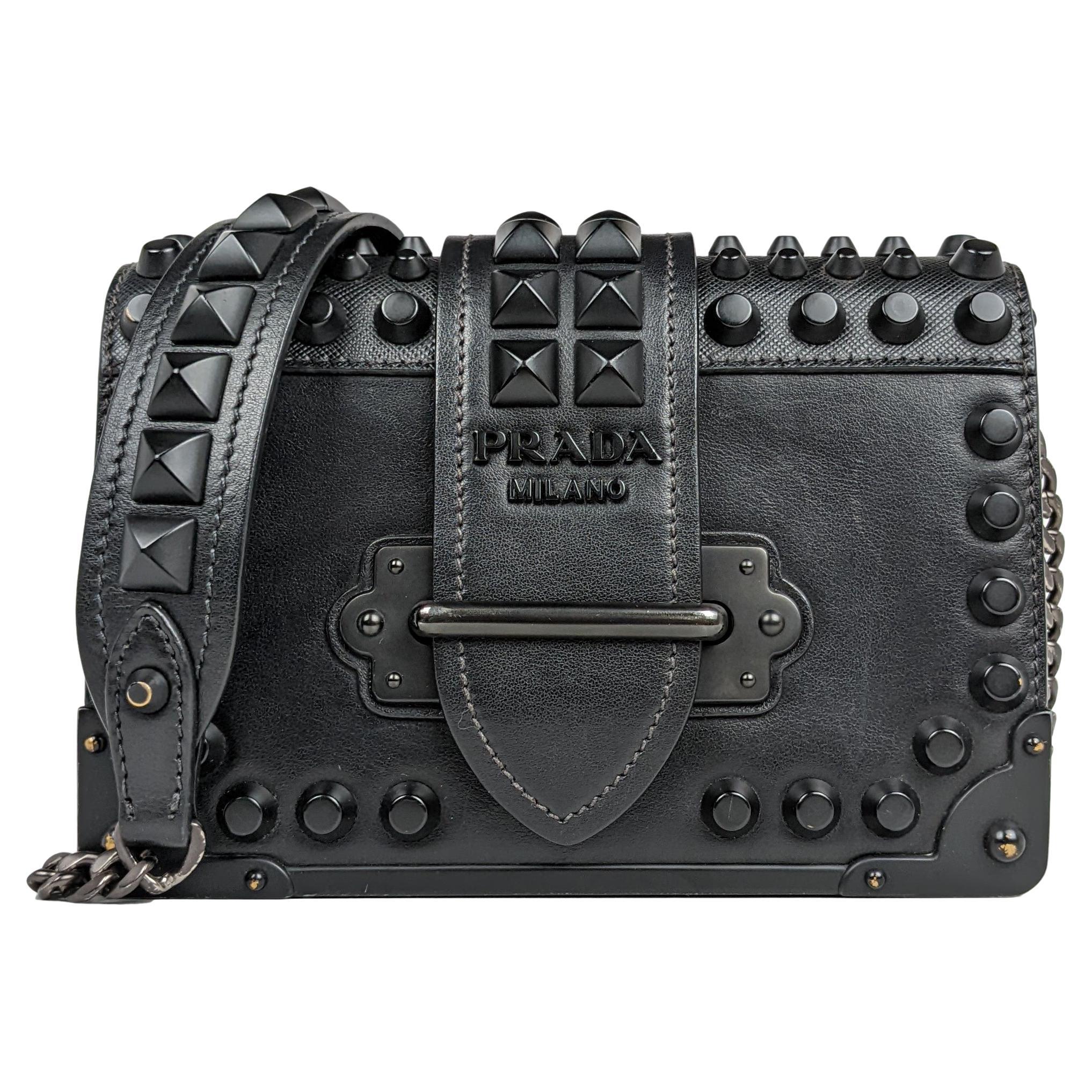 Prada Cahier Studded Small Black Leather Crossbody Bag
