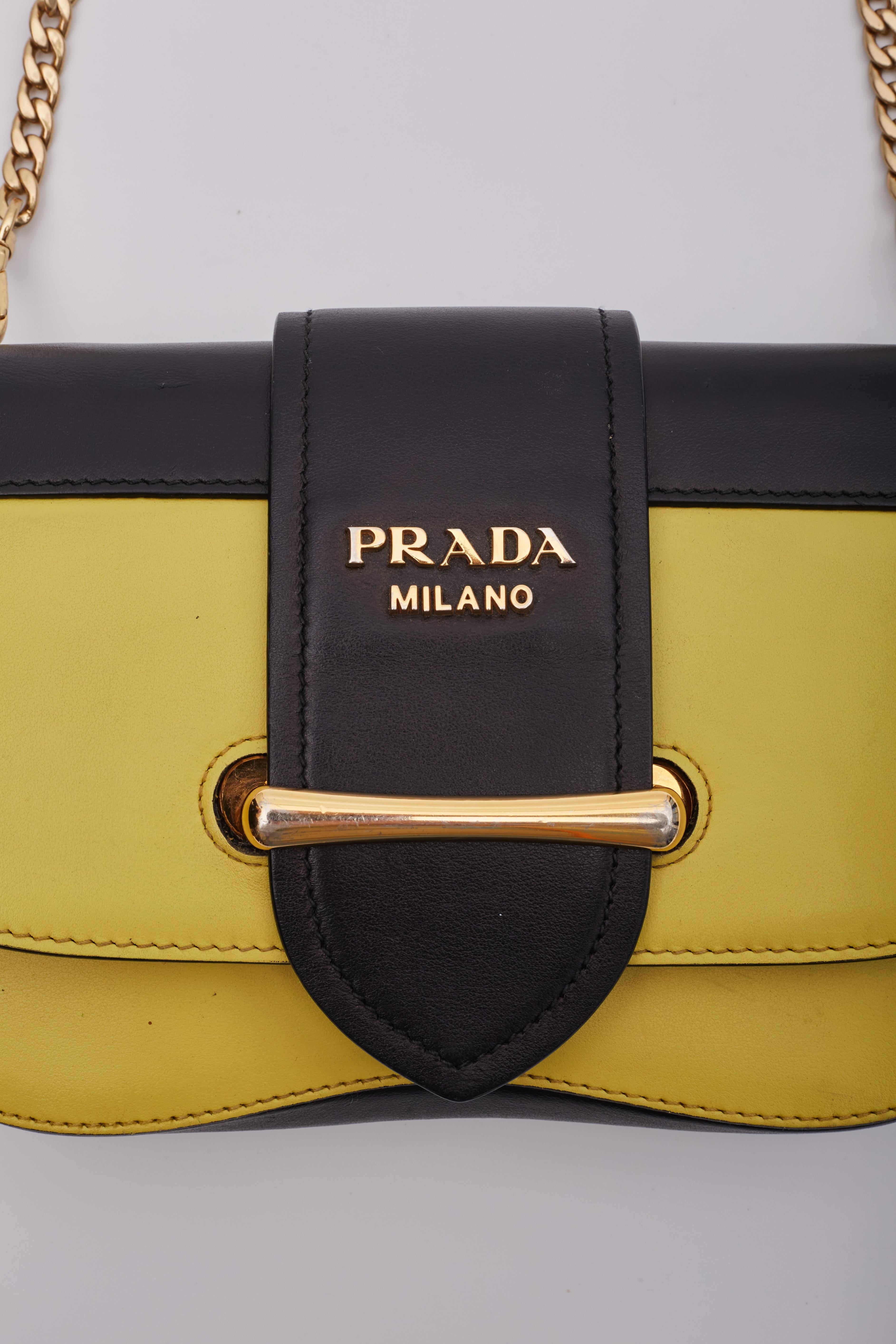 Prada Calfskin Leather Yellow Black Chain Sidonie Shoulder Bag For Sale 5