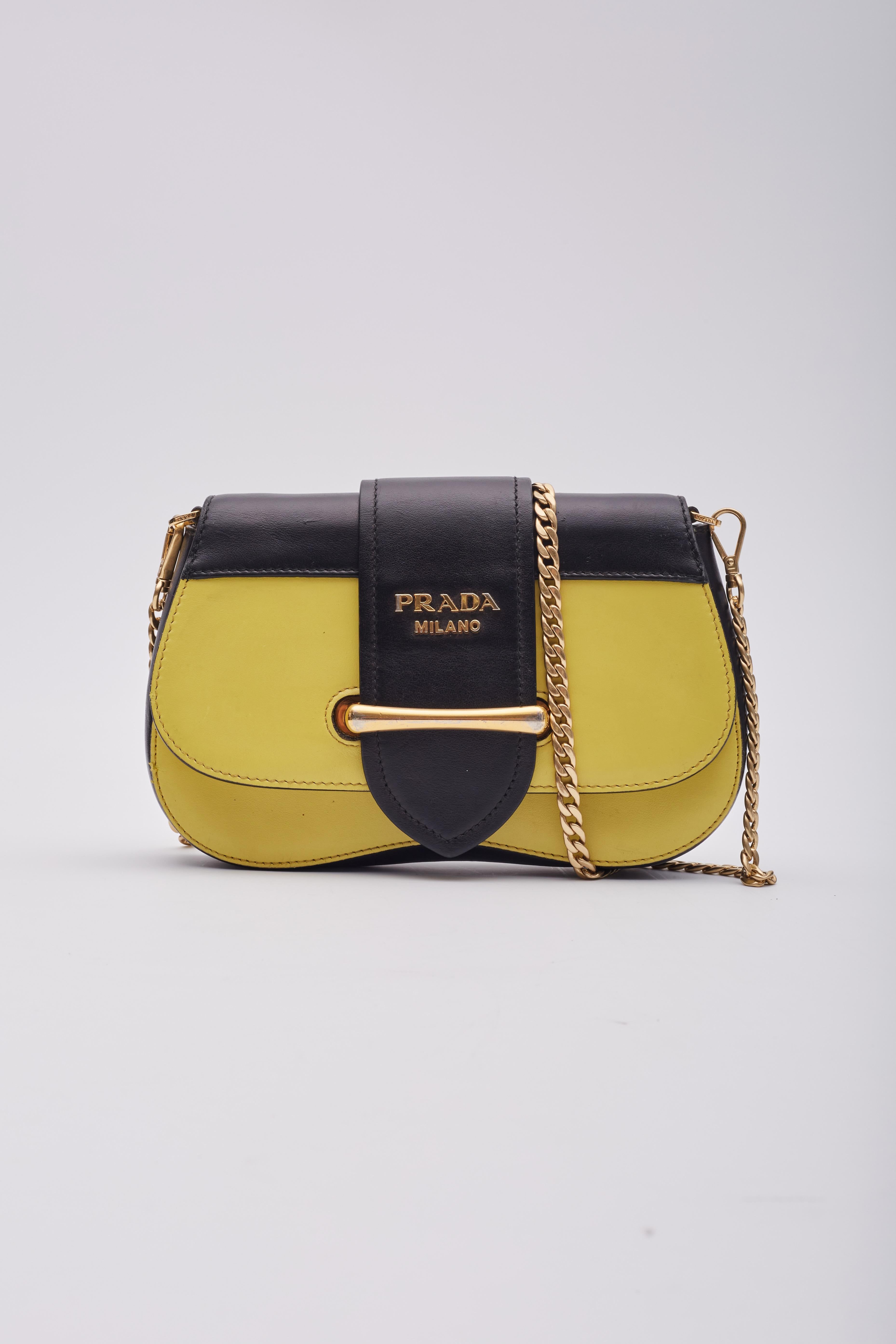 Brown Prada Calfskin Leather Yellow Black Chain Sidonie Shoulder Bag For Sale