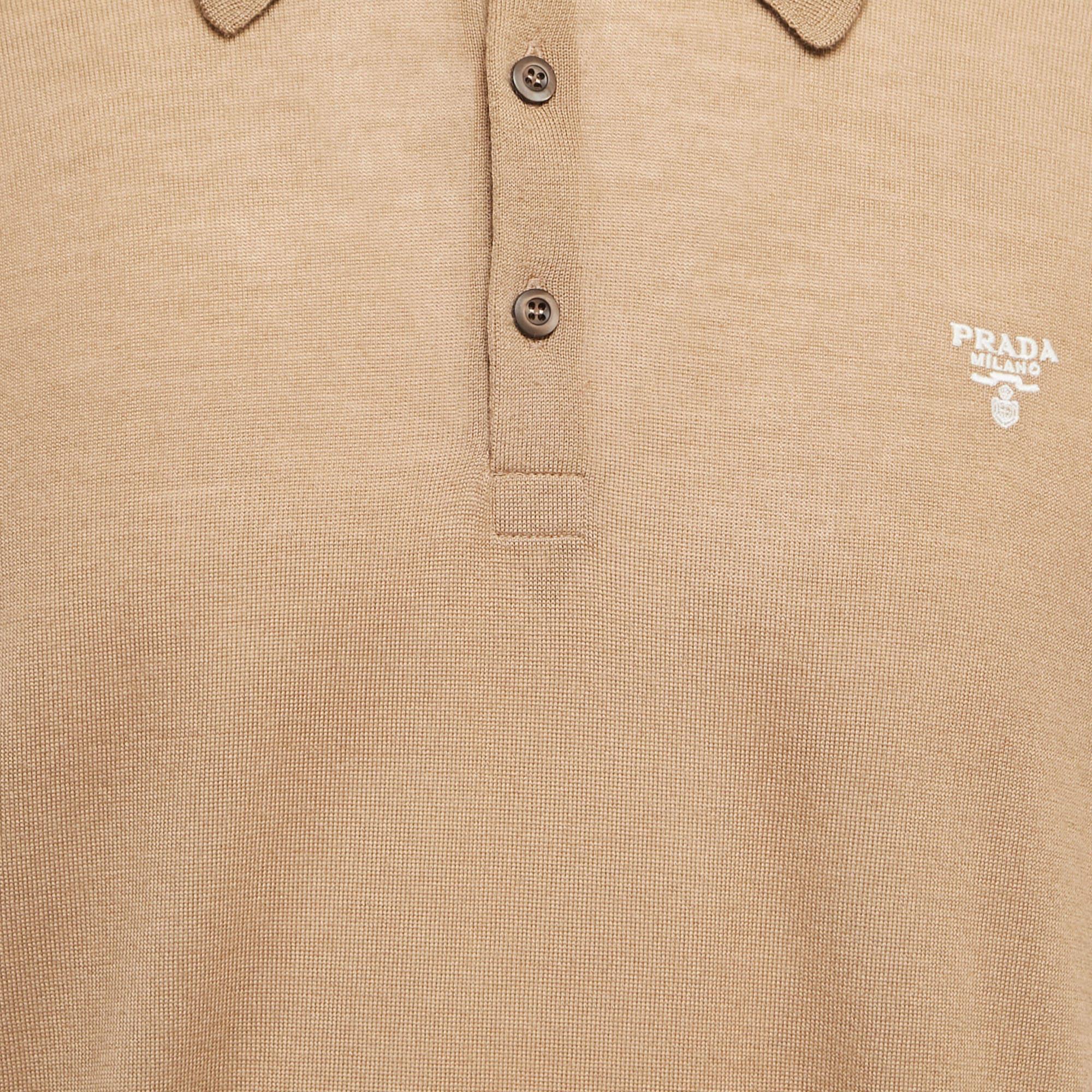 Men's Prada Camel Brown Cashmere Logo Embroidered Polo T-Shirt XXL