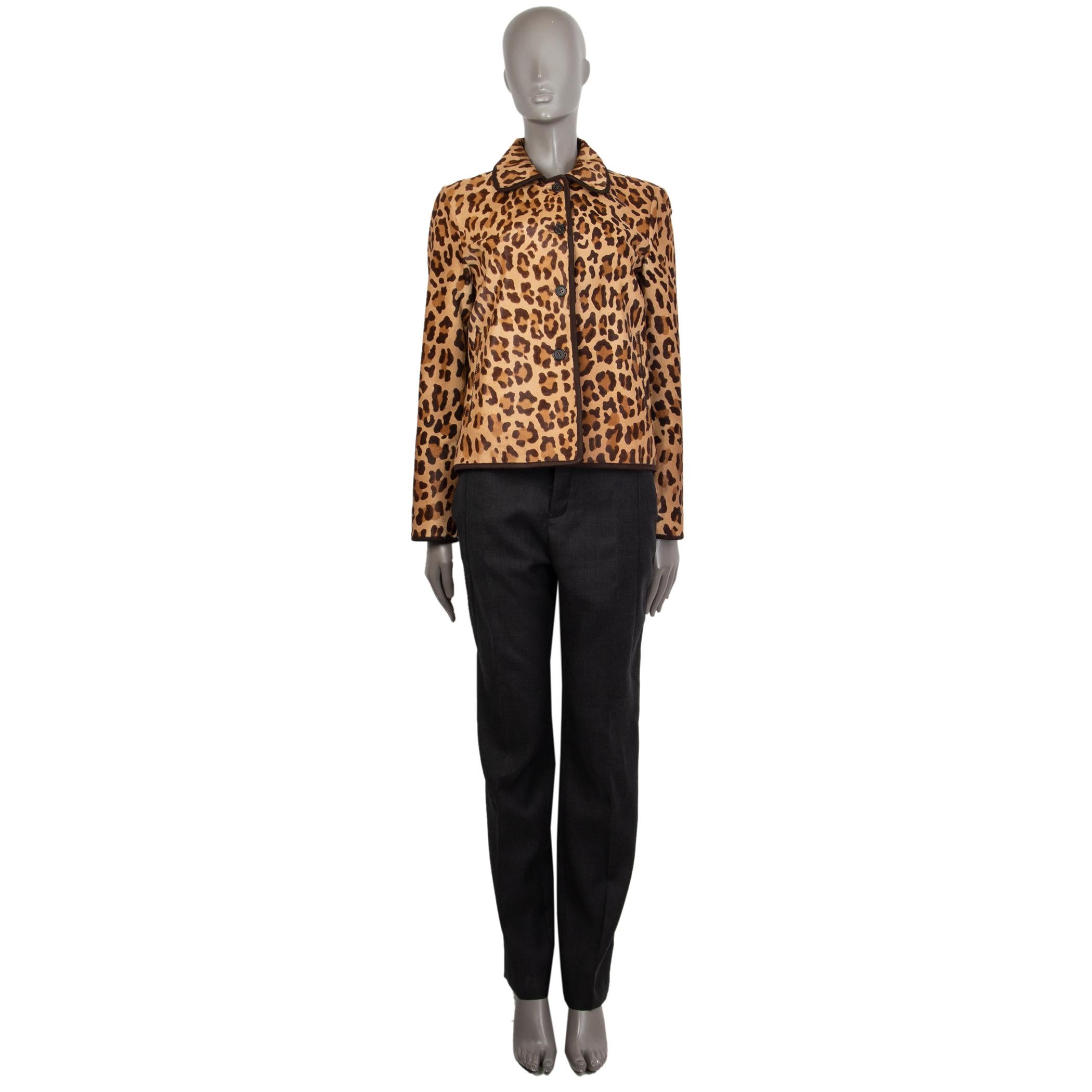 100% authentic Prada leopard-print jacket in espresso, brown and camel calf hair with a flat collar. Has two slit pockets on the front. Closes on the front with buttons. Lined. Inserts are leather. Has been worn and is in excellent condition.