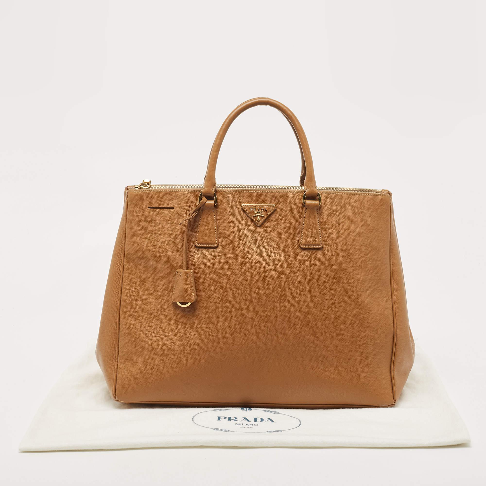 Prada Camel Brown Saffiano Lux Leather Extra Large Double Zip Tote 15