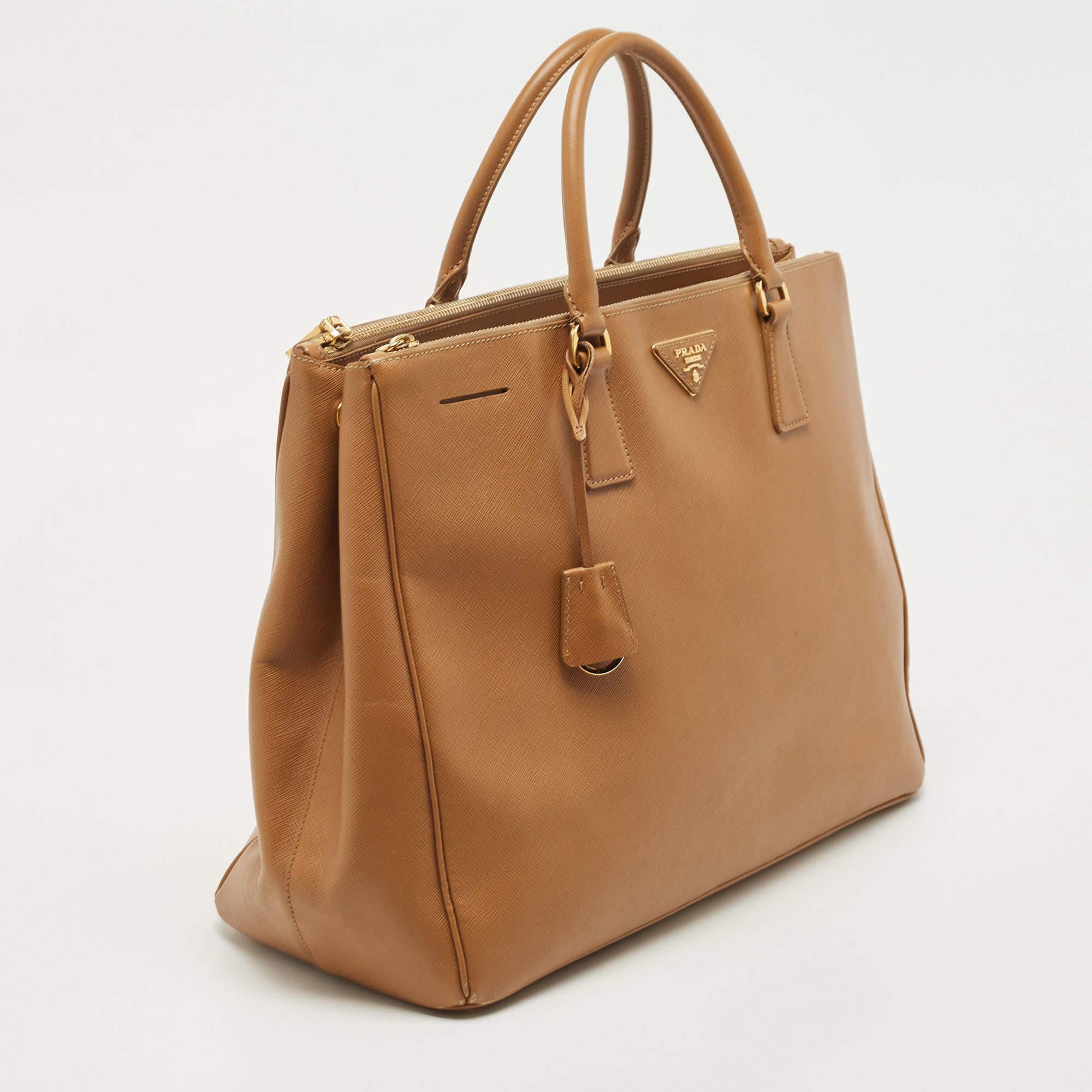 Women's Prada Camel Brown Saffiano Lux Leather Extra Large Double Zip Tote