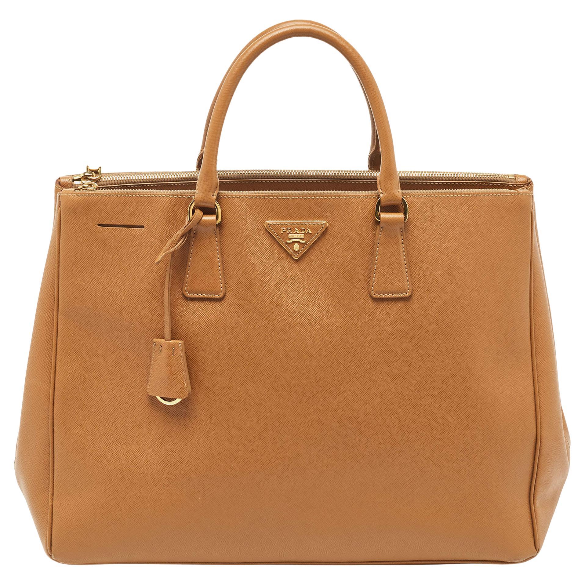 Prada Camel Brown Saffiano Lux Leather Extra Large Double Zip Tote