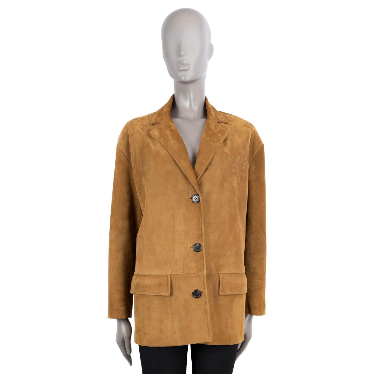 PRADA camel brown suede 2022 SINGLE-BREASTED OVERSIZED Jacket 38 XS In Excellent Condition In Zürich, CH