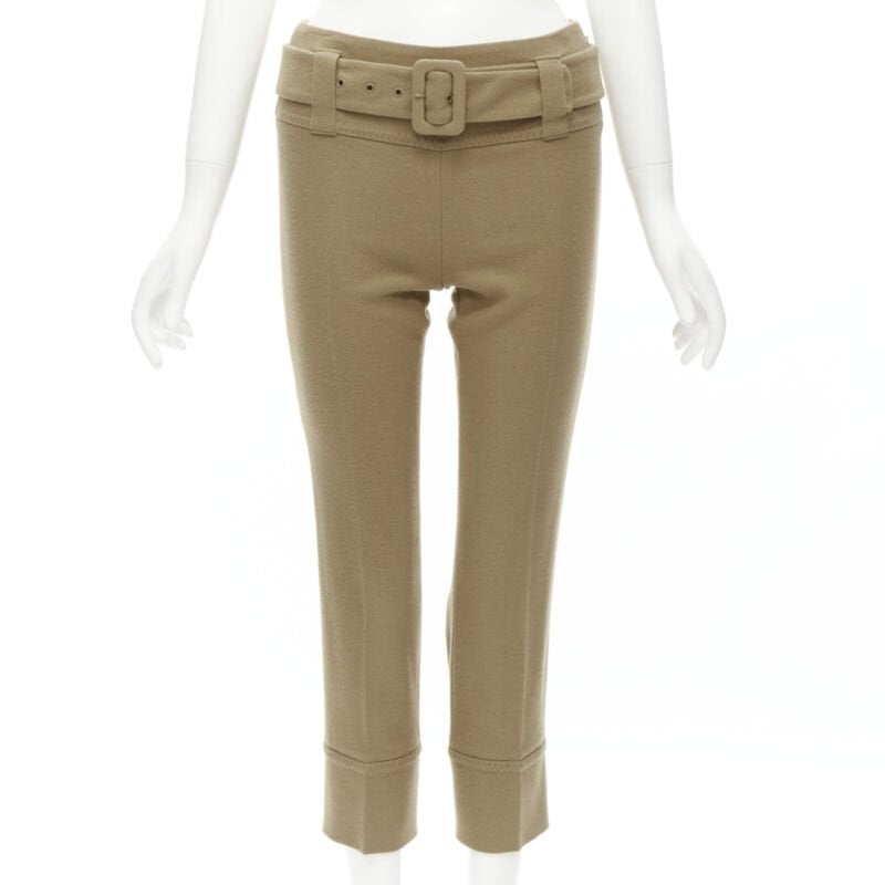 PRADA camel tan wool buckle belt tapered cropped pants XS