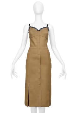 Prada Camel Wool Dress With Snaps And Black Lace