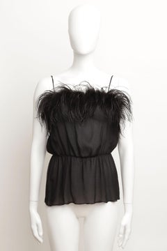 Prada Camisole Vest in Black Silk with Feather Trim – Size 40 IT