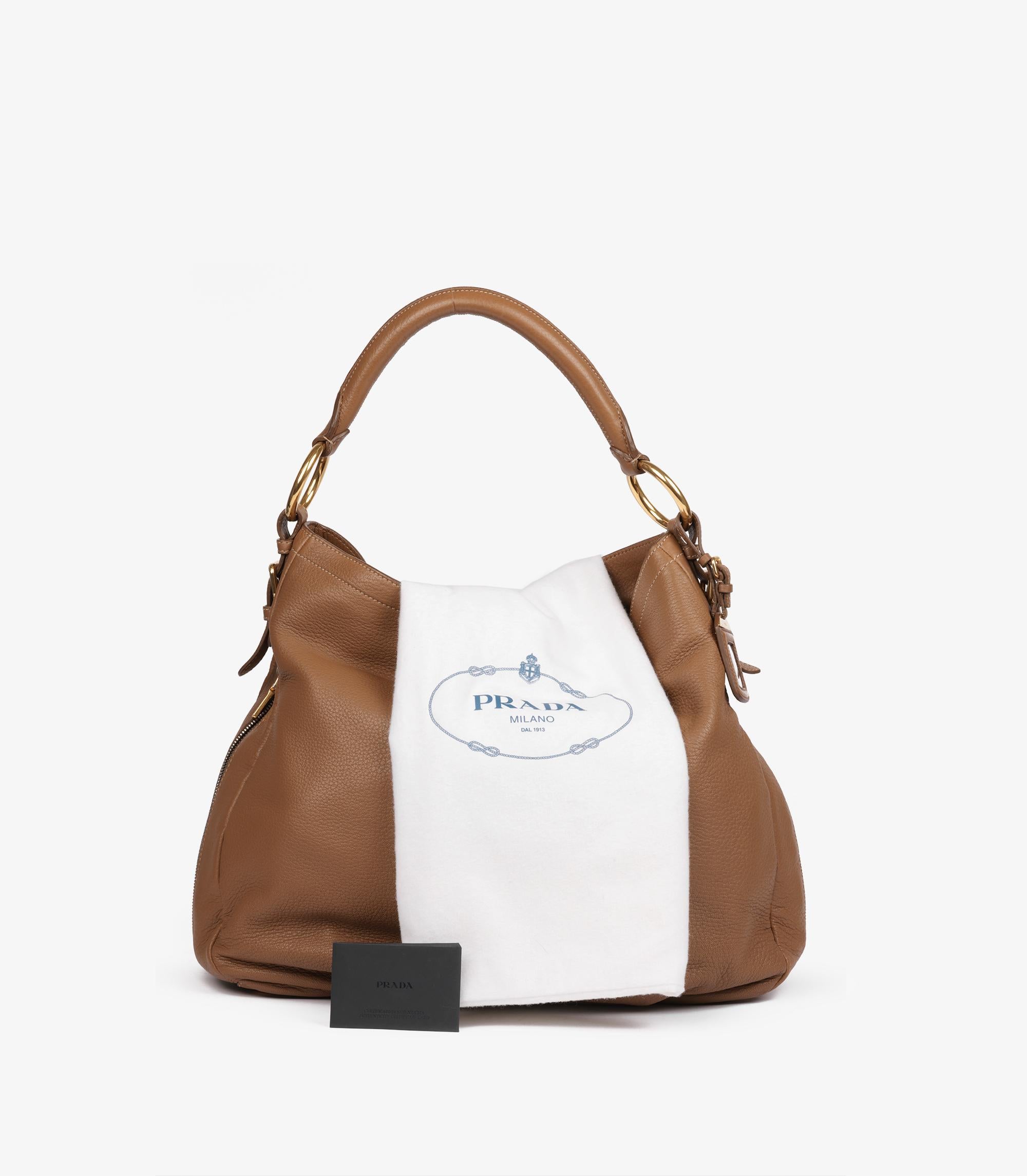 Hobo grande con doble cremallera de piel de ciervo Prada Cammello en venta 6