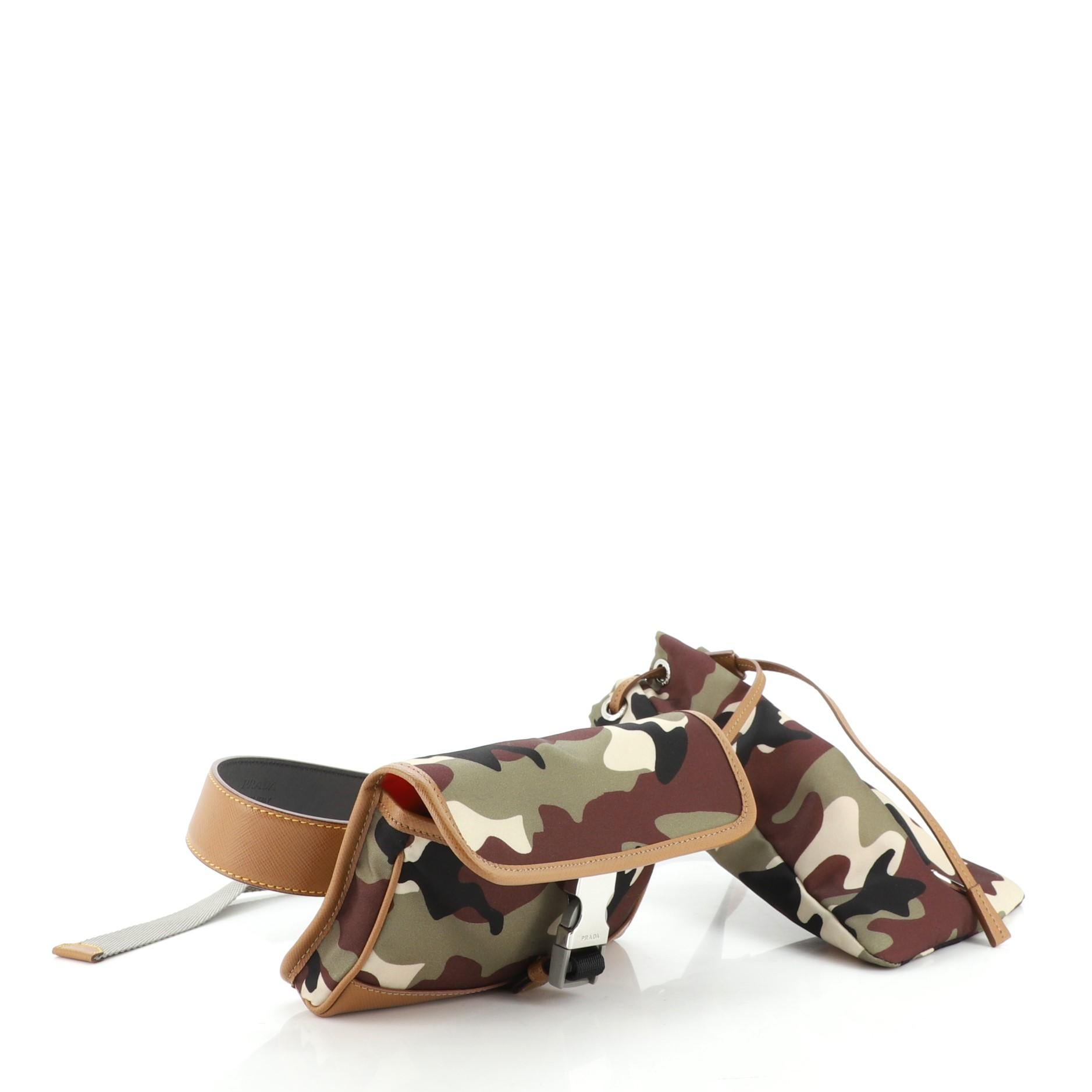 Brown Prada Camouflage Buckle Flap and Drawstring Double Belt Bag Printed Tessu
