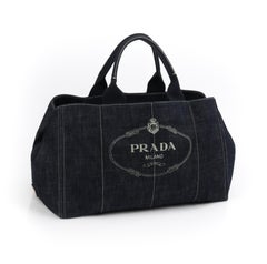 PRADA "Canapa" Bleu Darkwash Denim Logo Shopping Beach Handbag Tote