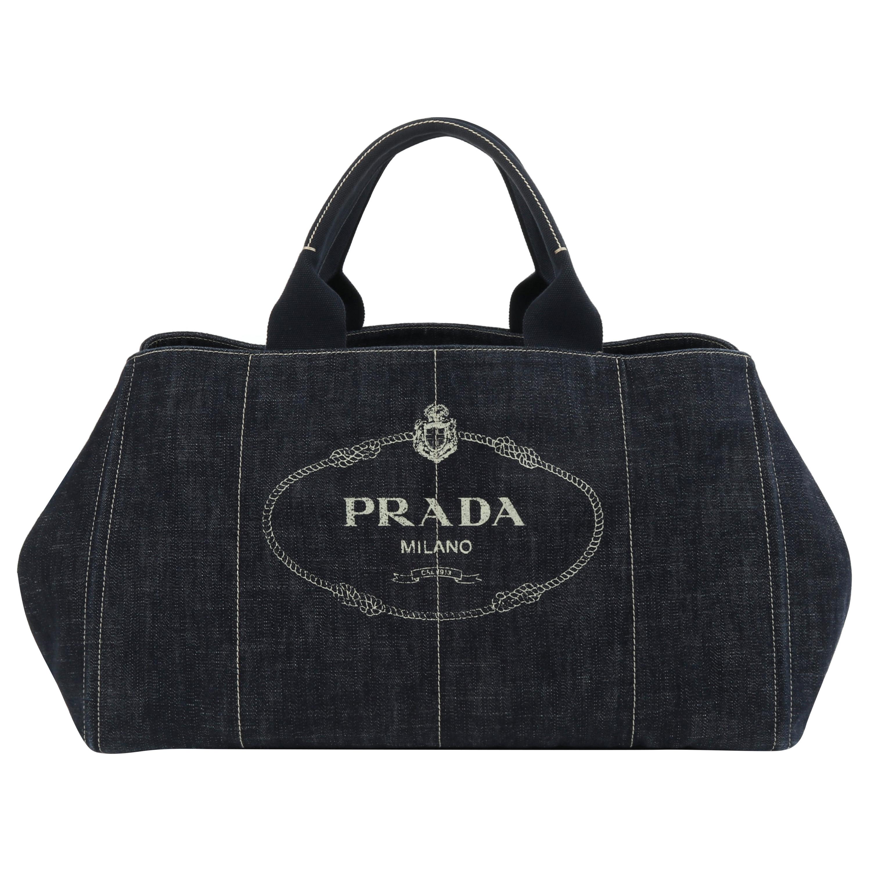 PRADA "Canapa" Bleu Darkwash Denim Logo Shopping Beach Handbag Tote
