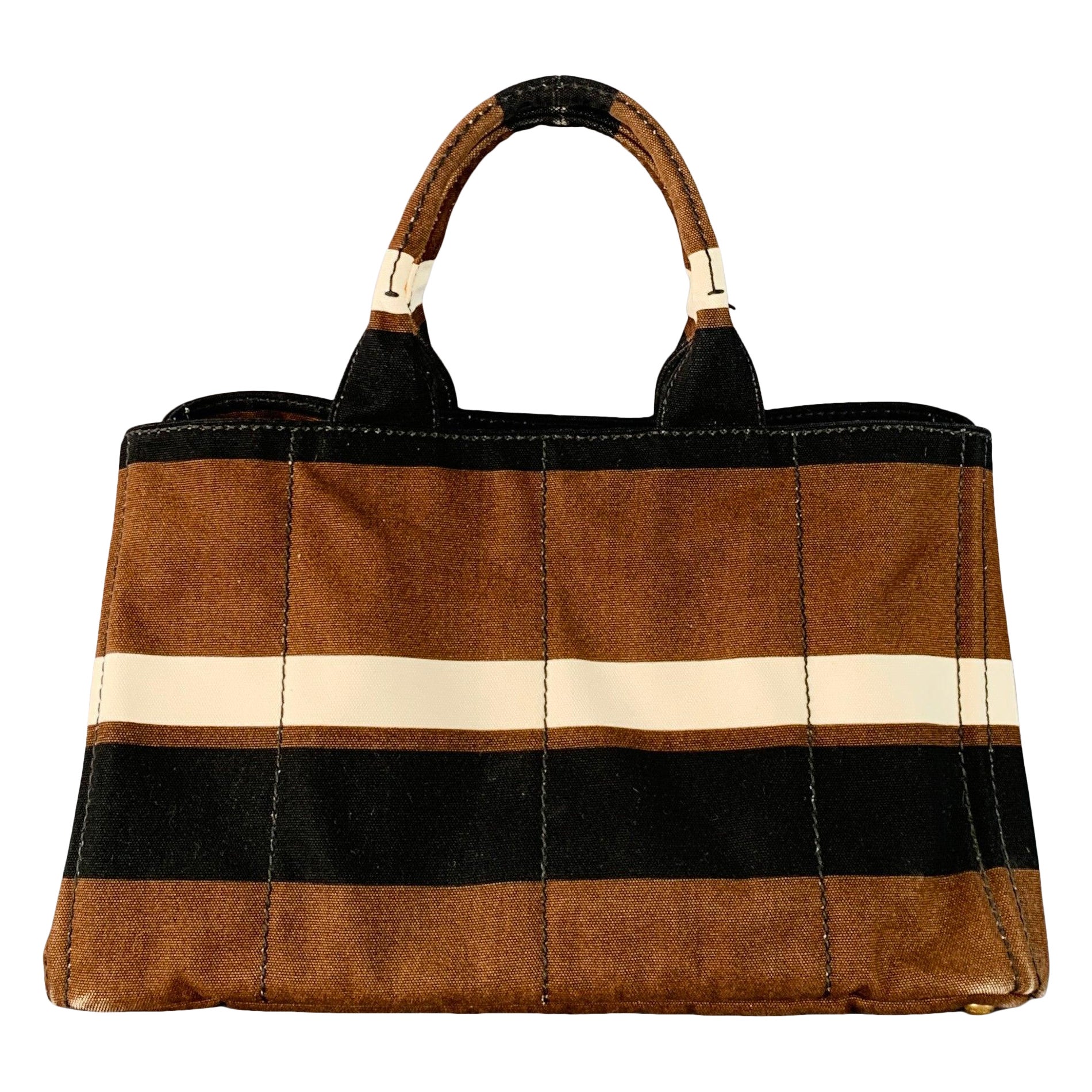 PRADA Canapa Brown Black White Stripe Canvas Open Top Tote Handbag For Sale