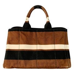 PRADA Canapa Brown Black White Stripe Canvas Open Top Tote Handbag