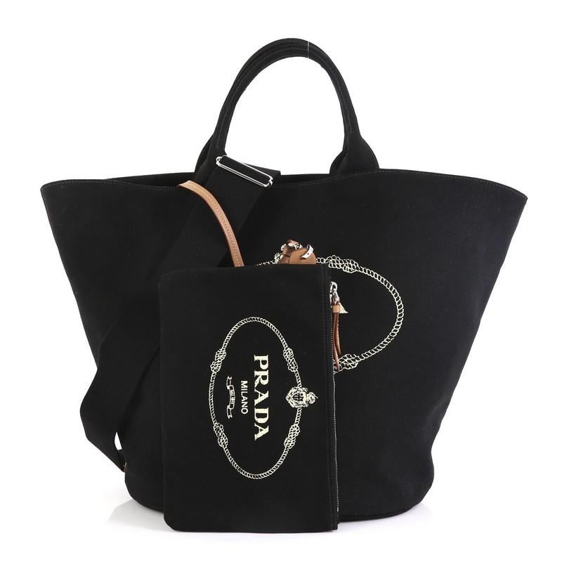 This Prada Canapa Convertible Shopping Tote Canvas Large, crafted in black canvas, features dual top handles and silver-tone hardware. It opens to a black canvas interior with side zip pocket. 

Estimated Retail Price: $1,040
Condition: Excellent.