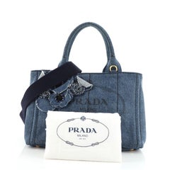 Prada Canapa Convertible Tote Flower Embellished Denim Small