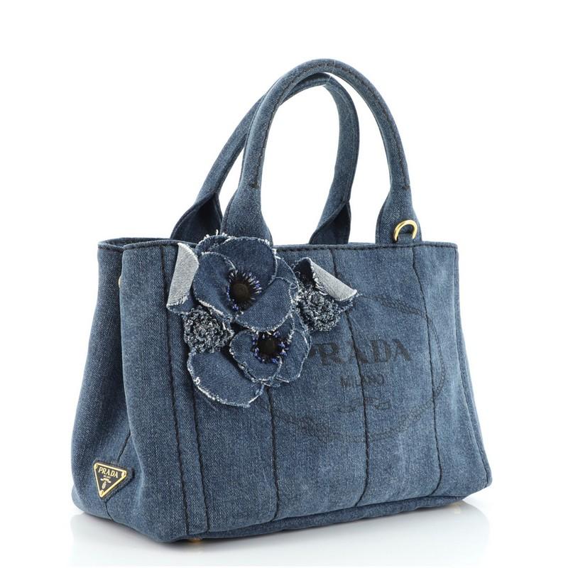 Gray Prada Canapa Convertible Tote Flower Embellished Denim Small