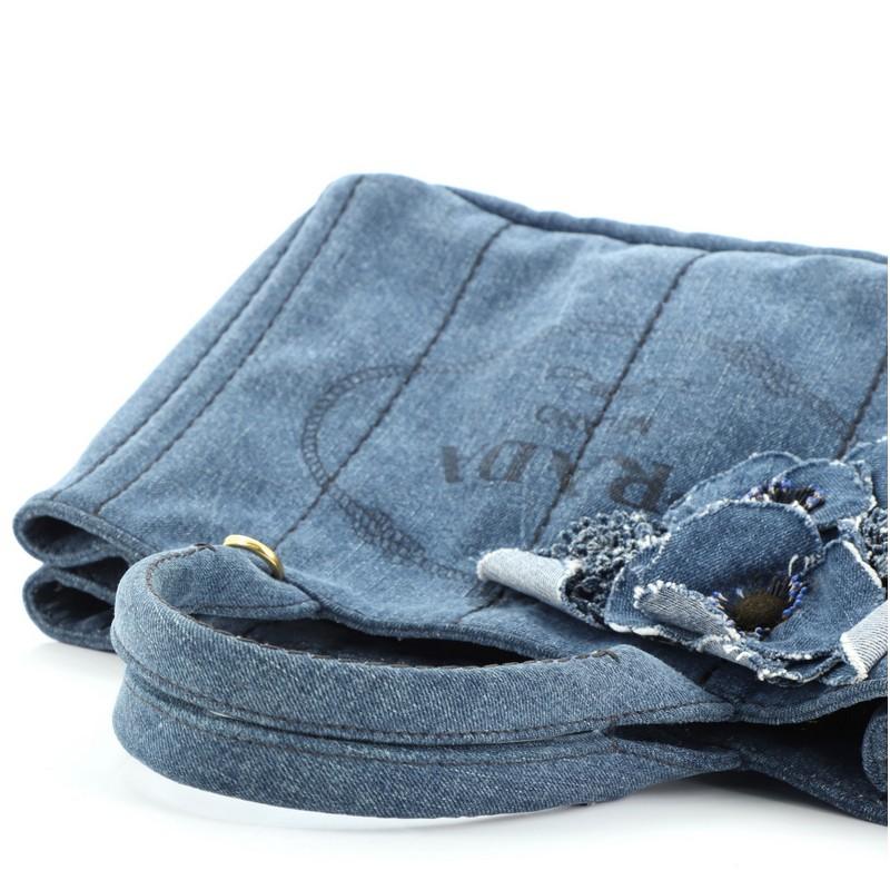 Prada Canapa Convertible Tote Flower Embellished Denim Small 3