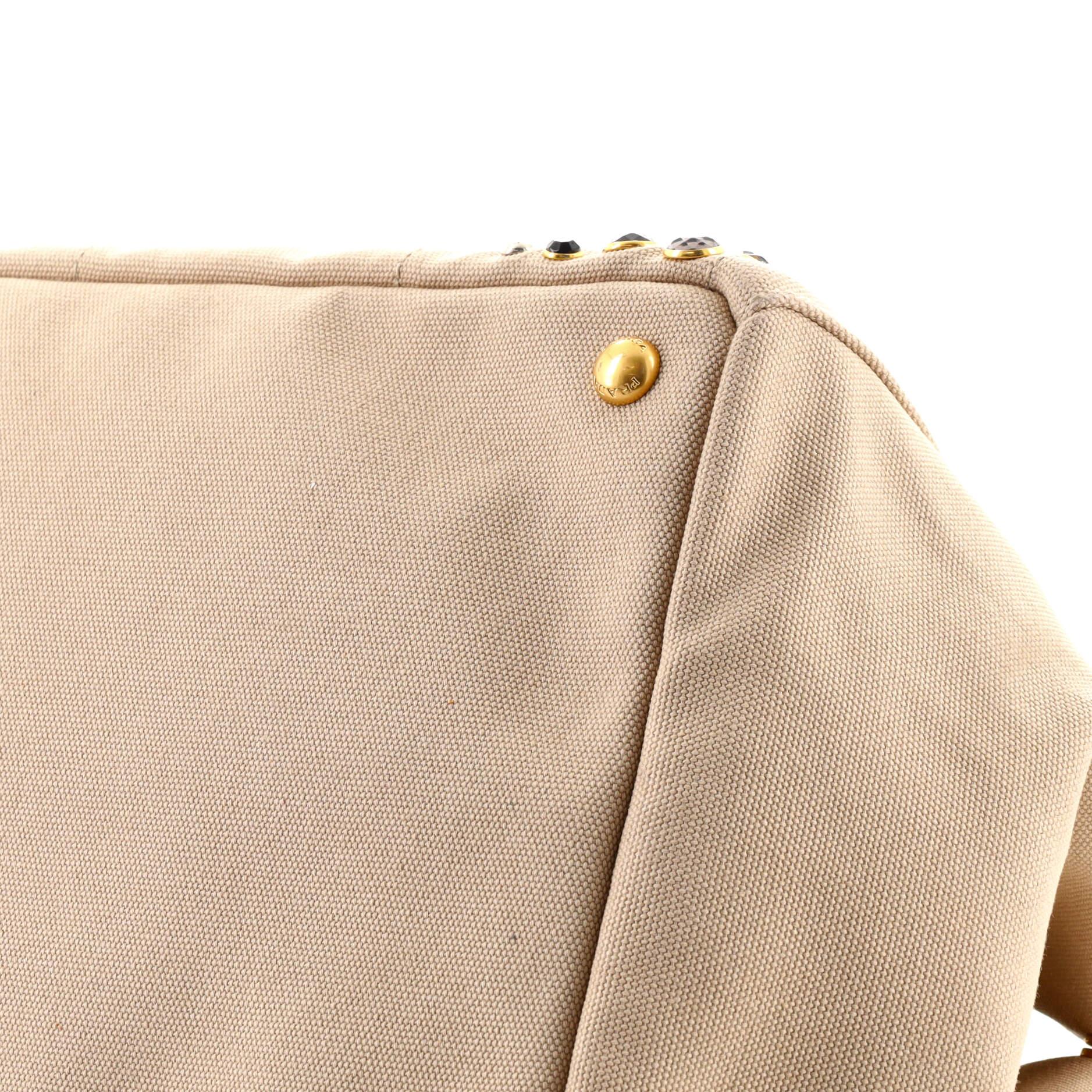 Beige Prada Canapa Convertible Tote Rhinestone Embellished Canvas Medium