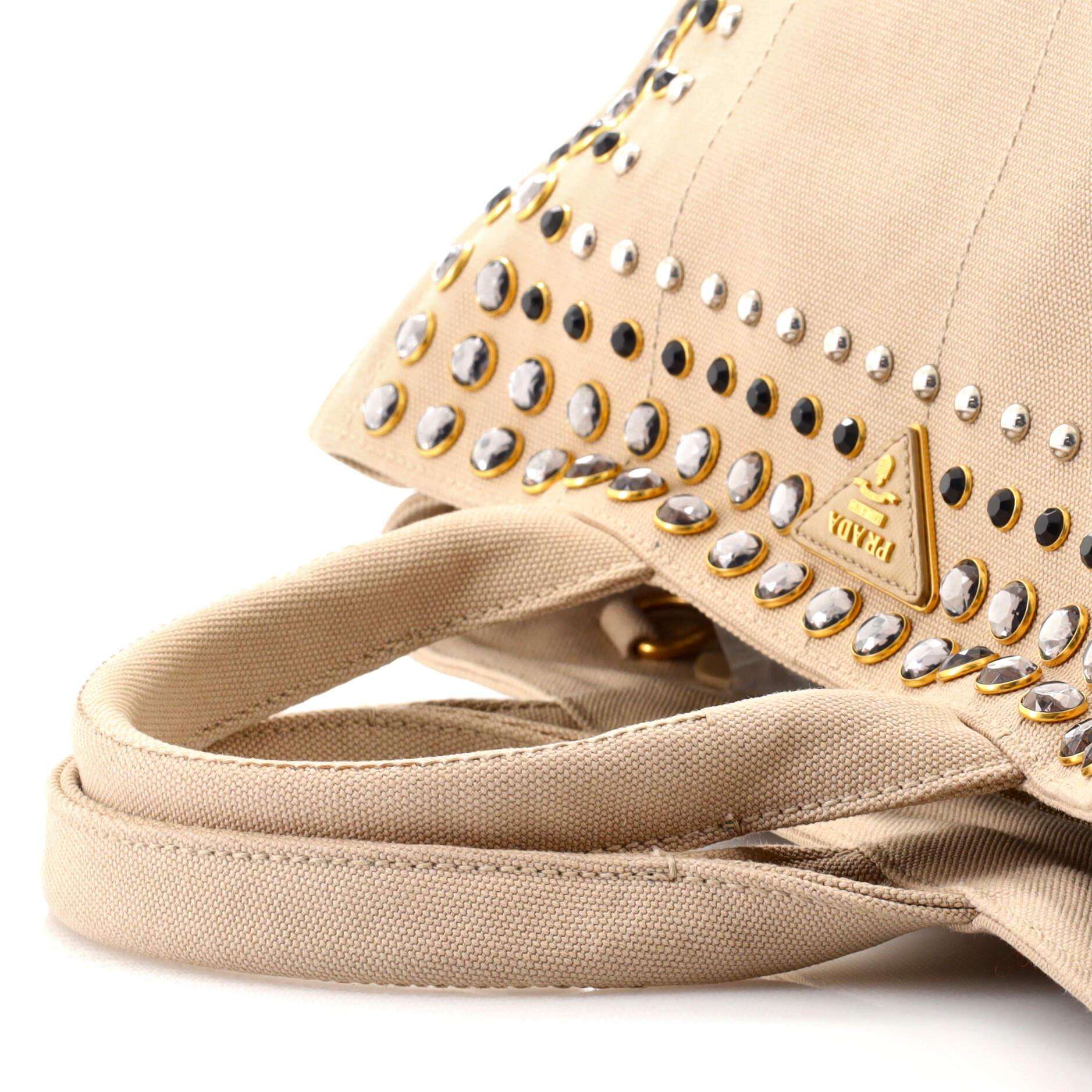 Prada Canapa Convertible Tote Rhinestone Embellished Canvas Medium In Good Condition In NY, NY