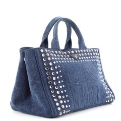 Prada Canapa Convertible Tote Rhinestone Embellished Denim Large