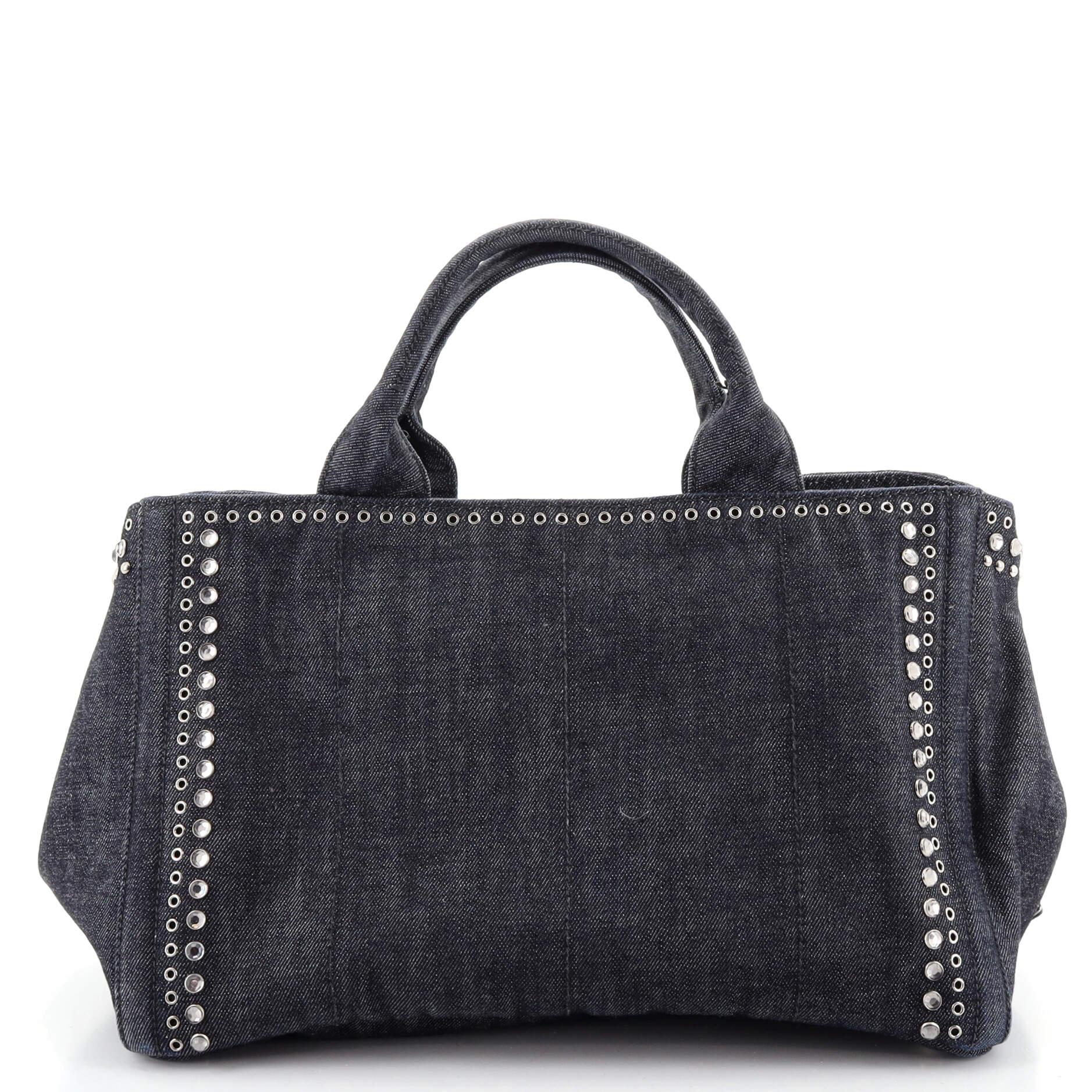 Prada Canapa Convertible Tragetasche aus Denim mit Strassverzierung, groß (Schwarz)