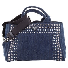 Prada Canapa Convertible Tote Rhinestone Embellished Denim Large