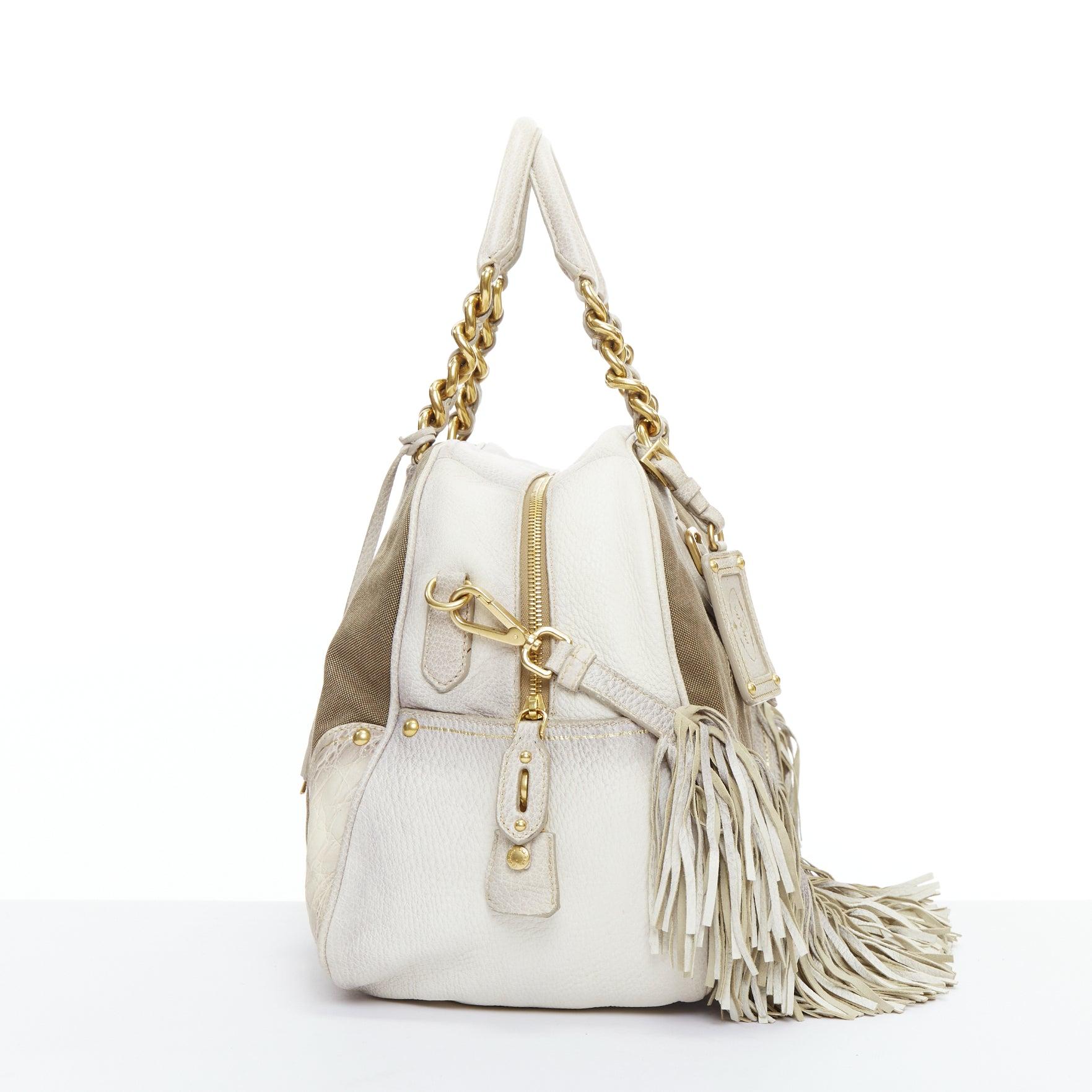 PRADA Canapa Jacquard Logo Cervo Fringe Bowler Corda Talco canvas bag In Good Condition In Hong Kong, NT