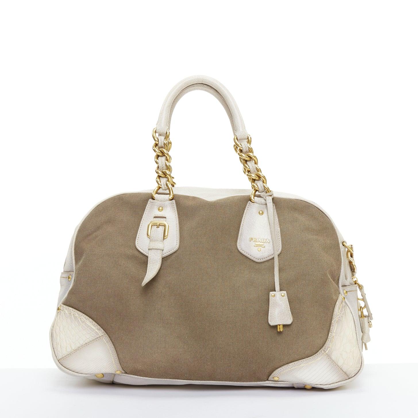 Women's PRADA Canapa Jacquard Logo Cervo Fringe Bowler Corda Talco canvas bag