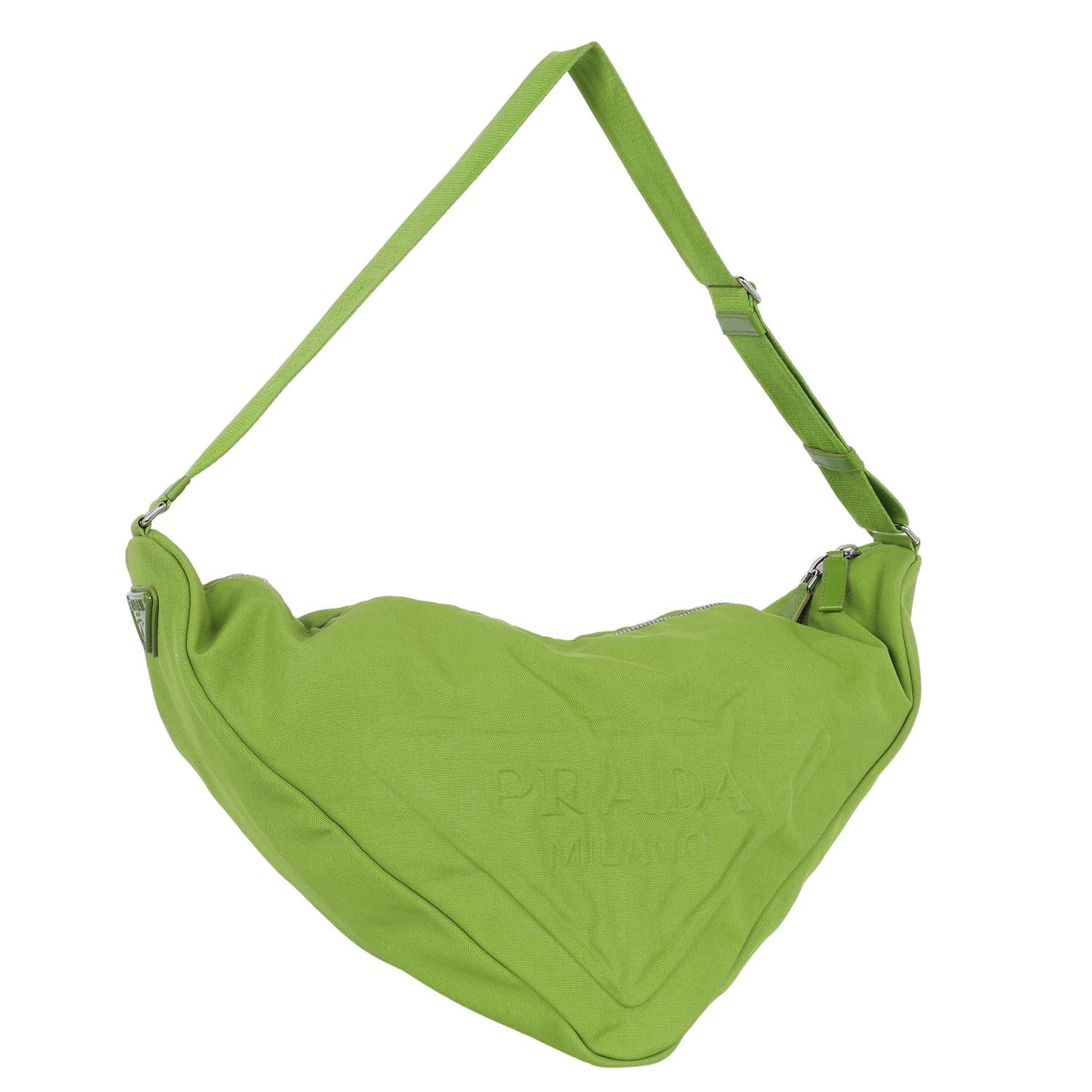 Prada Canapa Logo Embossed Large Triangle Shoulder Bag Gym Bag Lime Green In Good Condition In Salt Lake Cty, UT