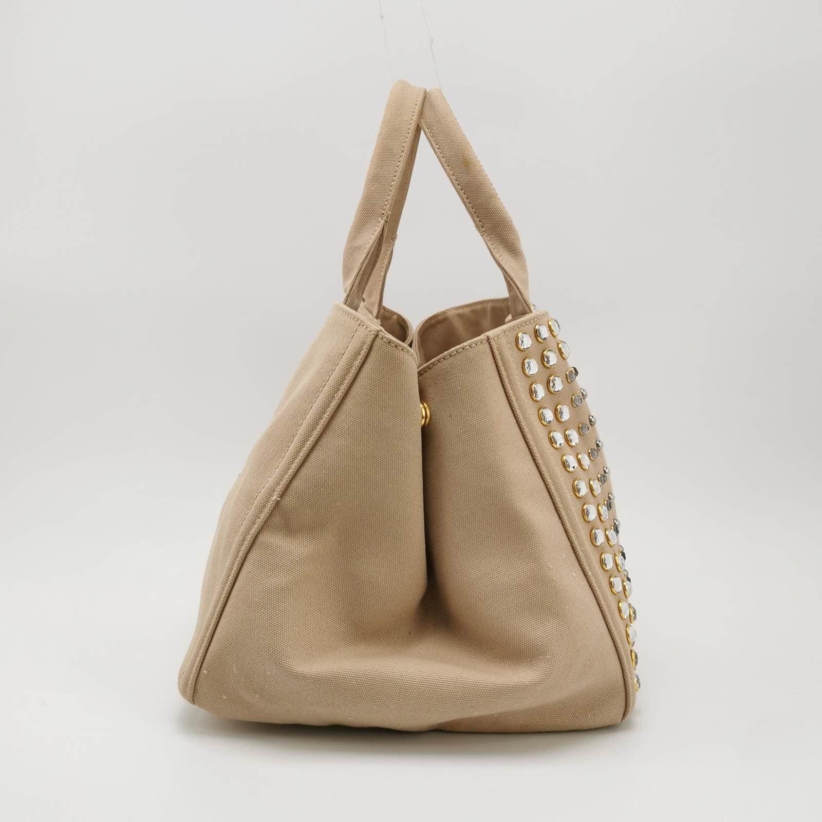 Prada Canape Canvas Tote Beige Top Handle Bag with Jewels In Good Condition In AUBERVILLIERS, FR