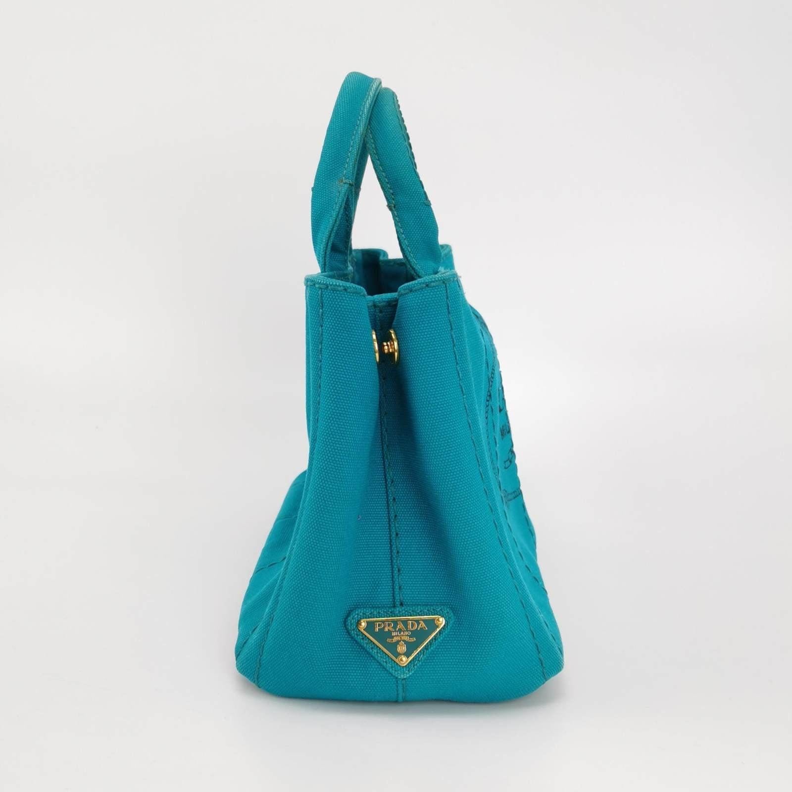 Prada Canape Canvas Tote Small Blue Top Handle Bag In Good Condition For Sale In AUBERVILLIERS, FR