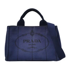 Prada Canape Canvas Tote Small Navy with Strap