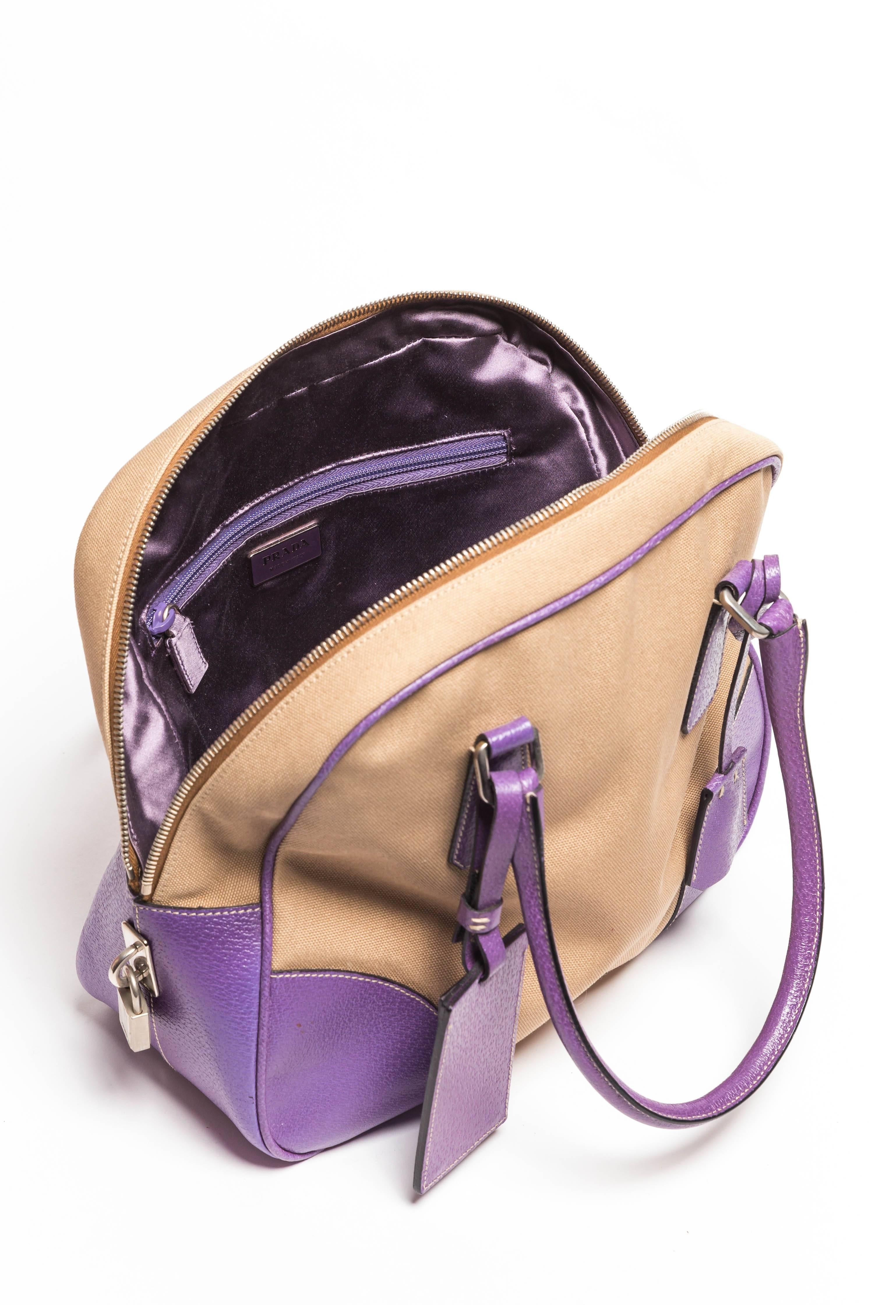 Prada Canvas and Purple Leather Top Handle Bag with Lock,  Keys and Luggage Tag For Sale 5