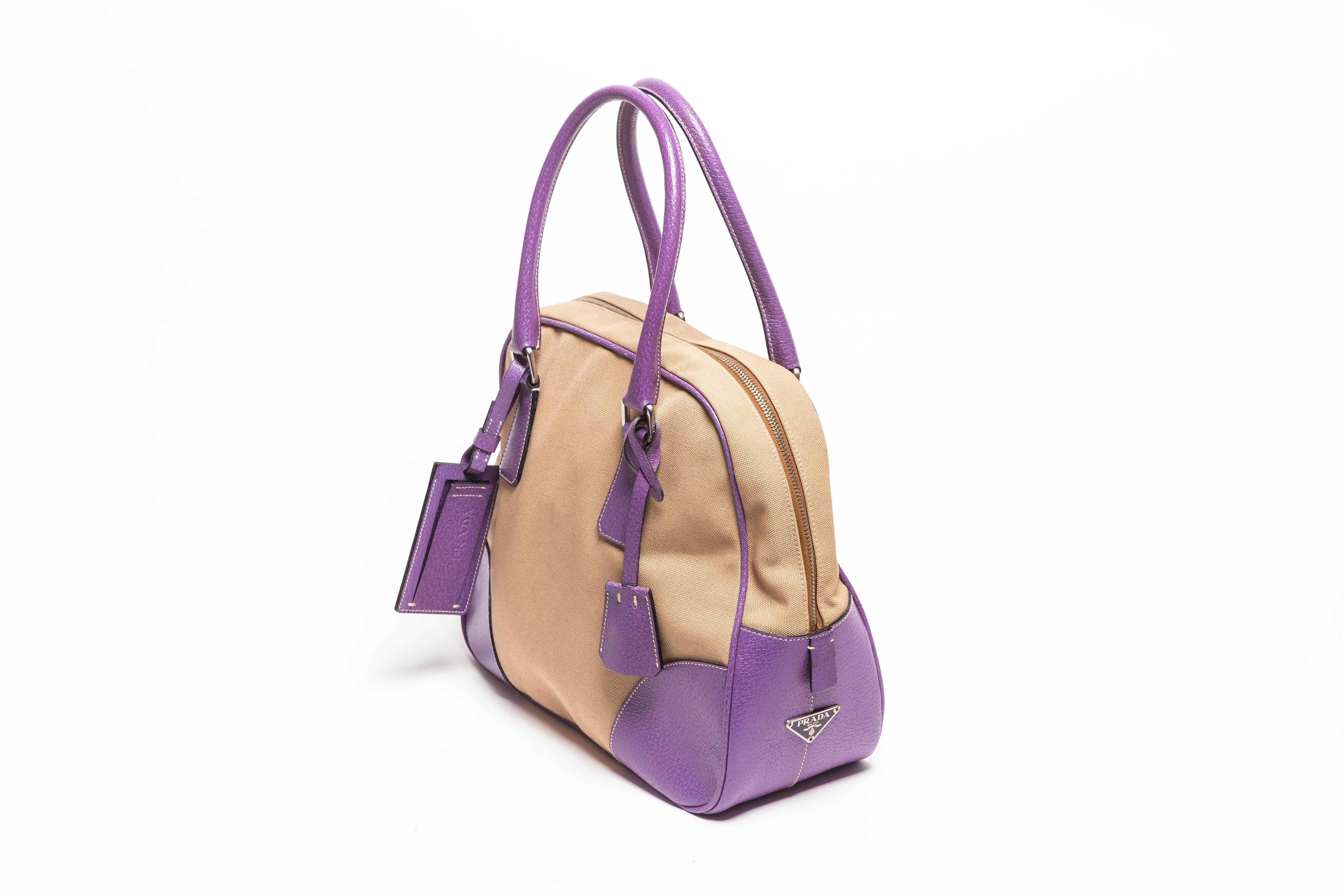 Beige Prada Canvas and Purple Leather Top Handle Bag with Lock,  Keys and Luggage Tag For Sale