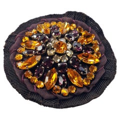 Vintage  Prada Canvas flower Brooch  brown tone  fabric with citrine color crystals