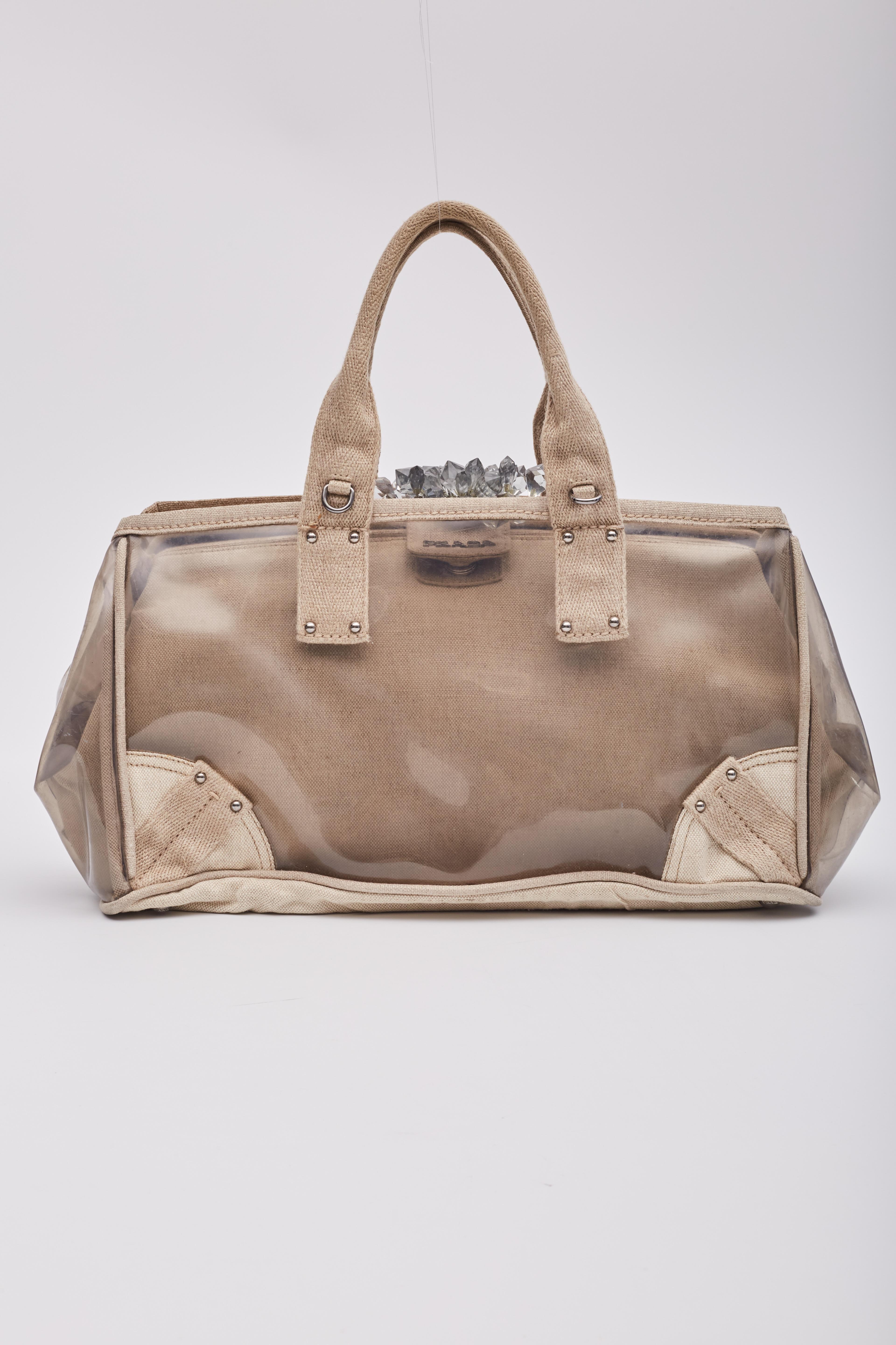 Prada Canvas Vinyl Crystal Cluster Tote Bag Beige Transparent In Good Condition For Sale In Montreal, Quebec