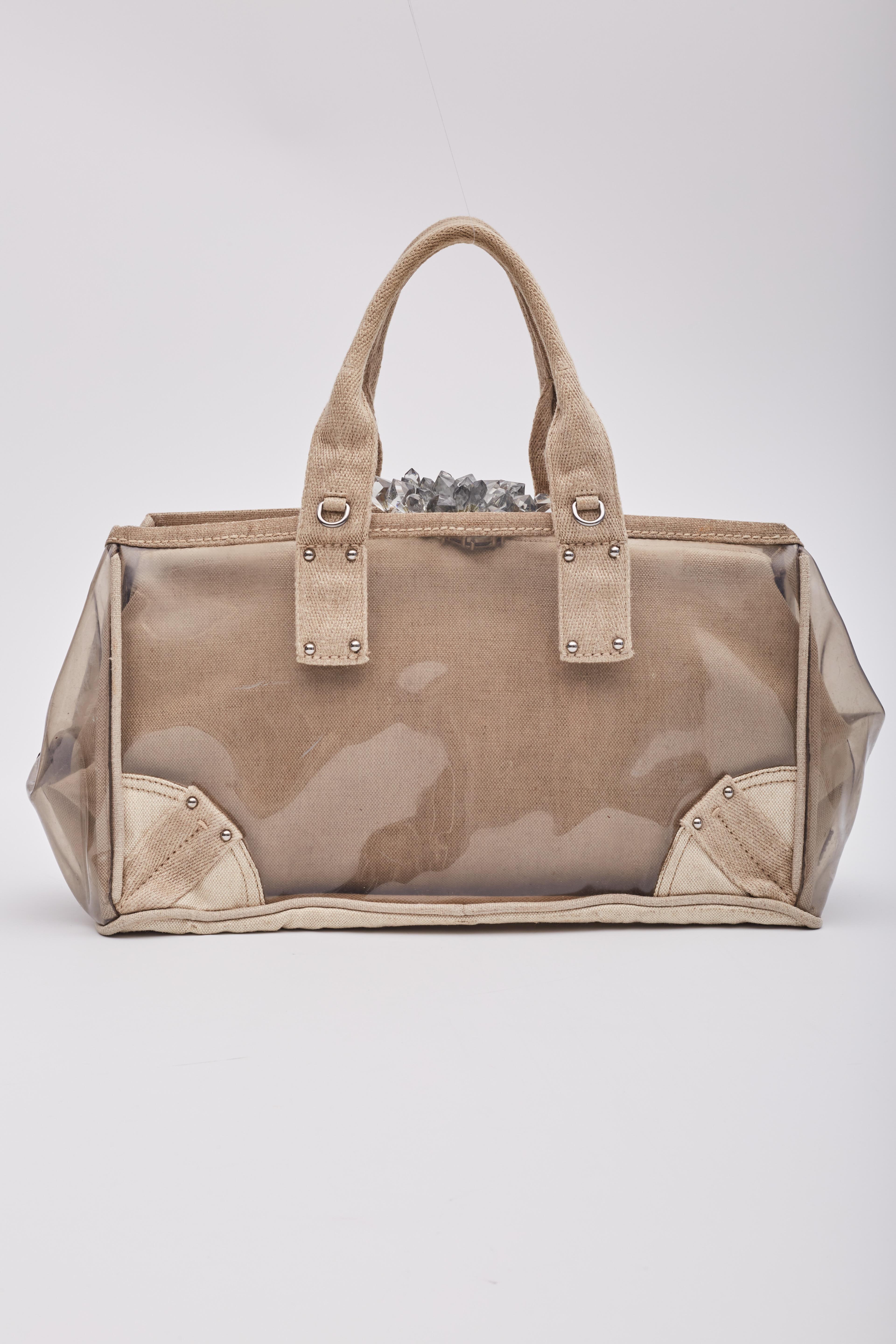 Women's Prada Canvas Vinyl Crystal Cluster Tote Bag Beige Transparent For Sale