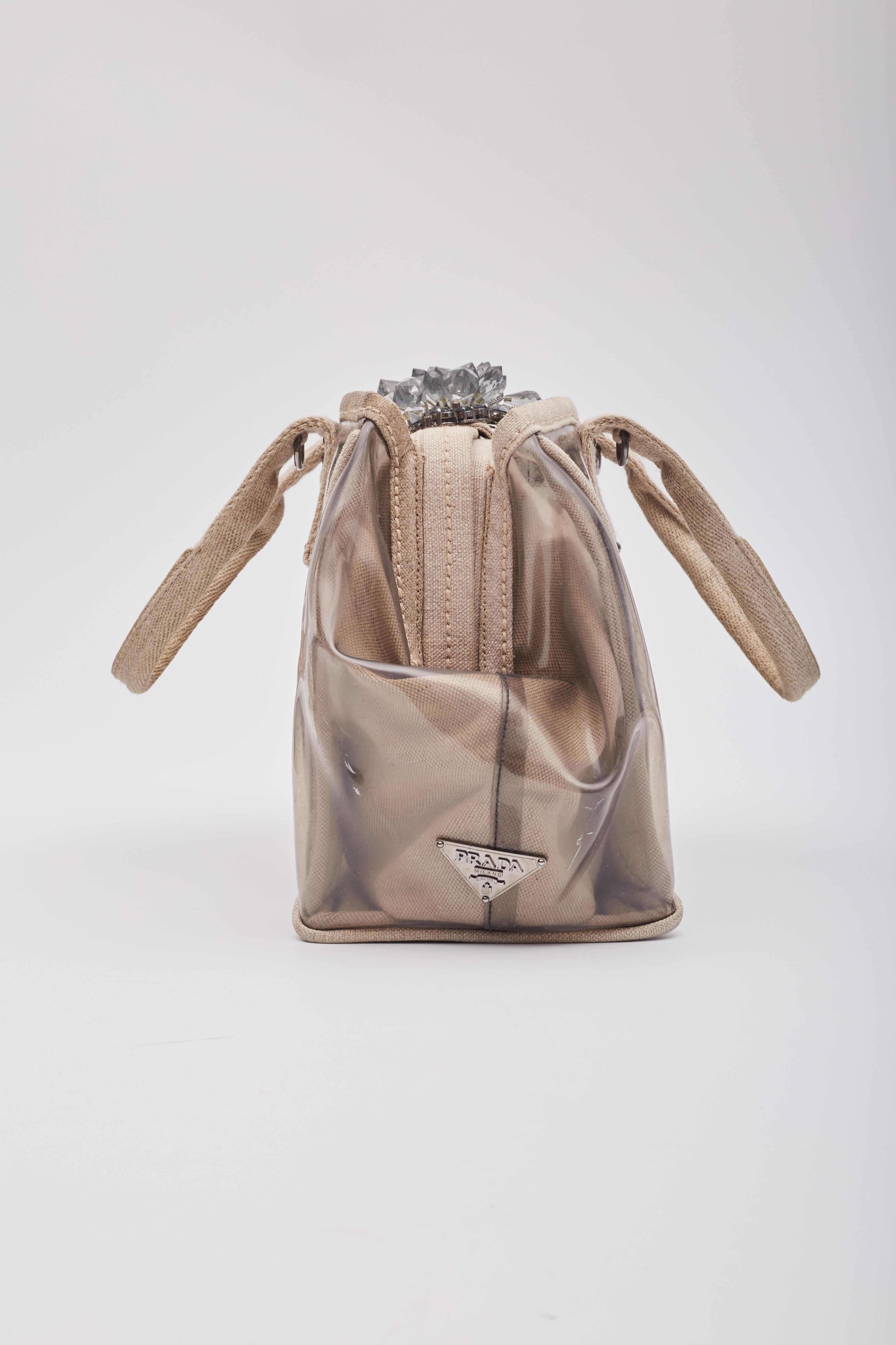 Prada Canvas Vinyl Crystal Cluster Tote Bag Beige Transparent For Sale 2
