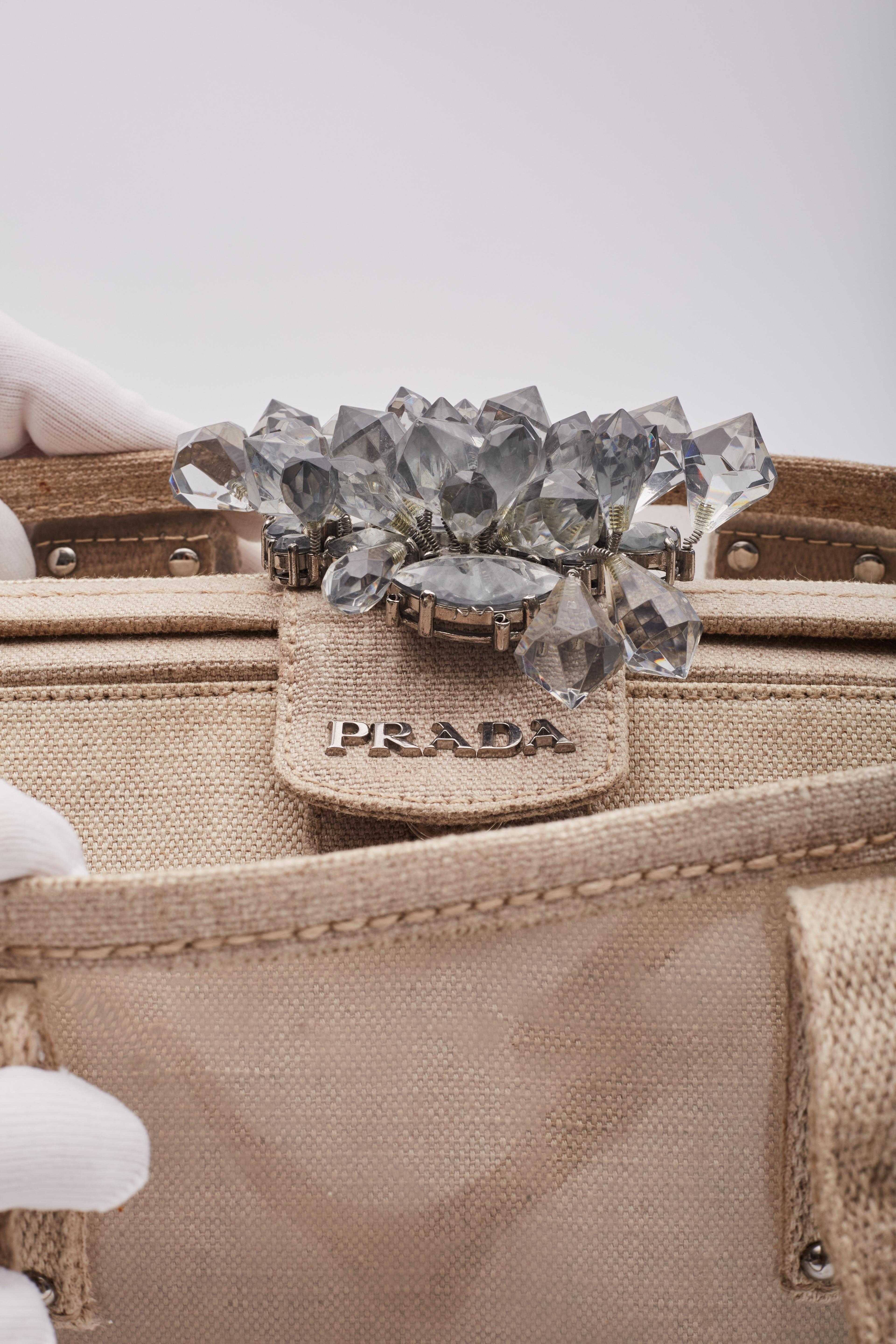 Prada Canvas Vinyl Crystal Cluster Tote Bag Beige Transparent For Sale 5