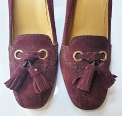 Prada Car Shoe Womens Burgundy Fringe Tie Suede Wedge Heels