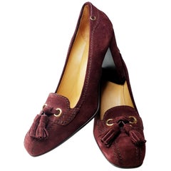 Prada Car Shoe Womens Burgundy Fringe Tie Suede Wedge Heels